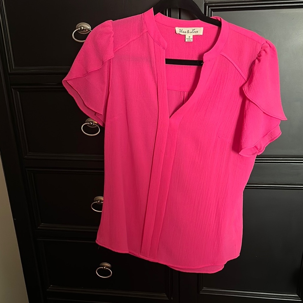 Vine & Love Med Pink Ruffled Mandarin Collar Blouse